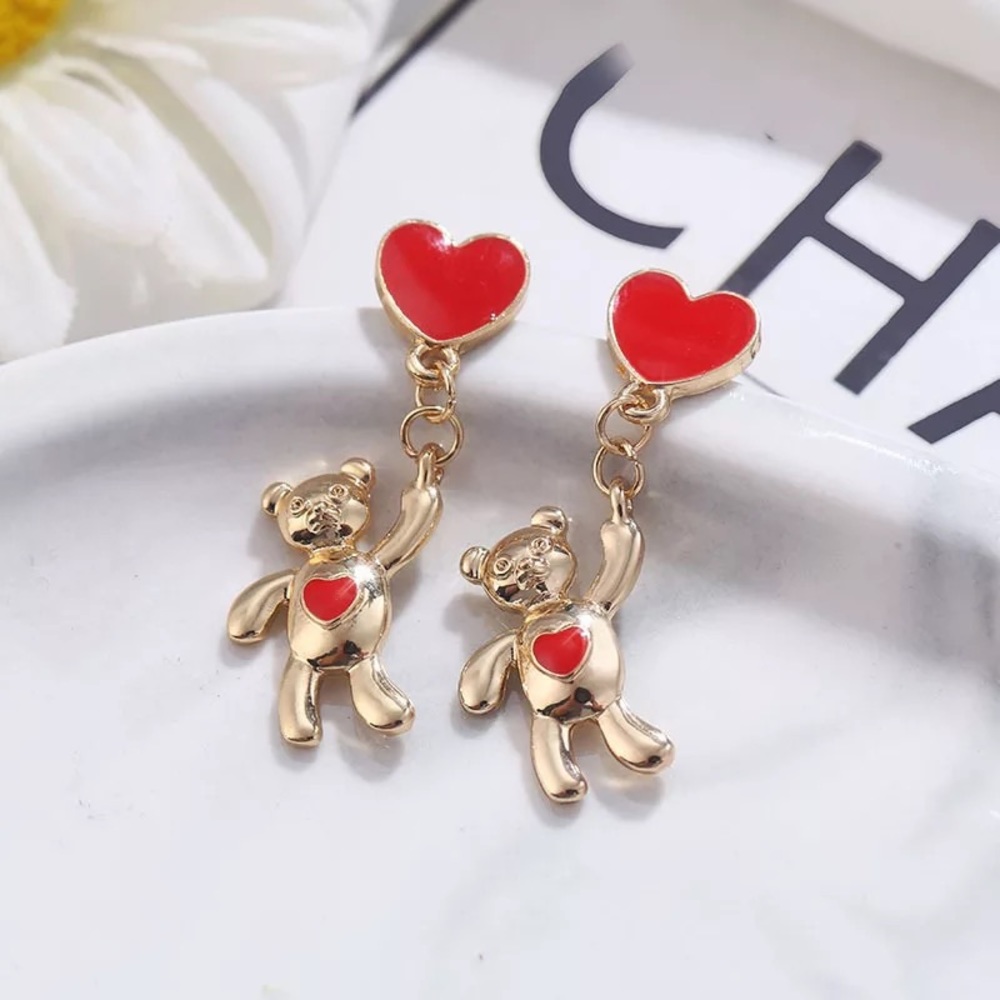 🧸Teddy Bear Heart Stud Drop Dangle Earrings